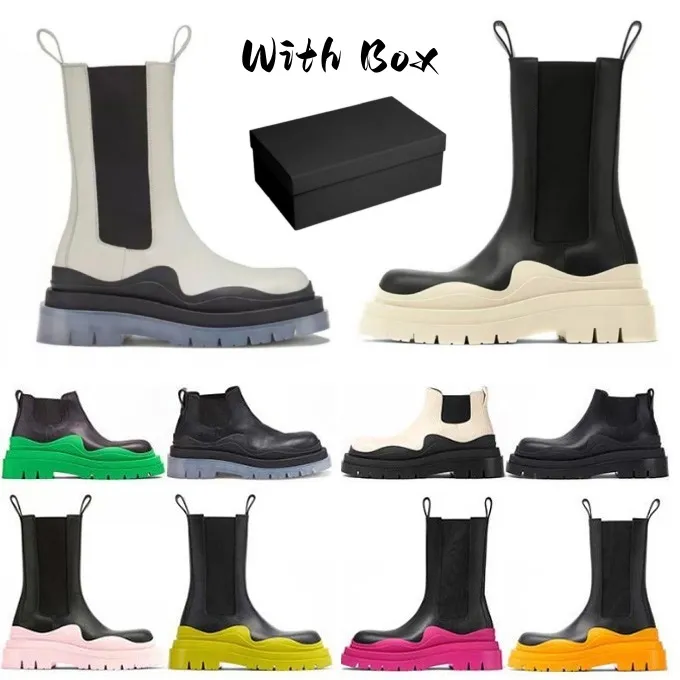 Kutu Kauçuk Lastik Kadın Tasarımcı Botları ile Chelsea Diz Boot Fashion Erkek Kadın Motosiks ayak bileği Yarı kayma önleyici platform kış kar siyah beyaz patik ayakkabılar