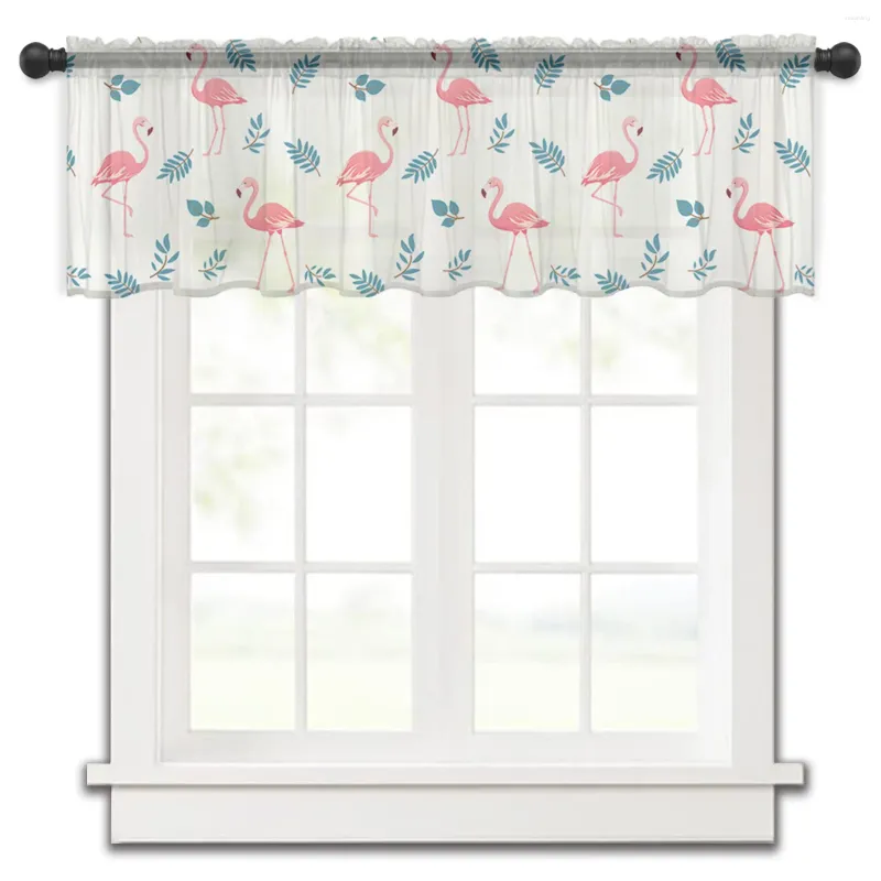 Cortina de flamingo com folhas frescas, cortinas curtas de tule para cozinha, quarto, decoração de casa, pequenas cortinas de voile
