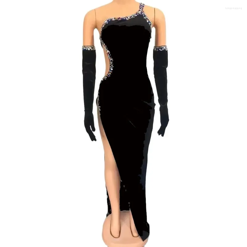Сценическая одежда, женское сексуальное черное бархатное полое длинное платье с высоким разрезом, комплект перчаток, вечернее платье для празднования дня рождения, певица
