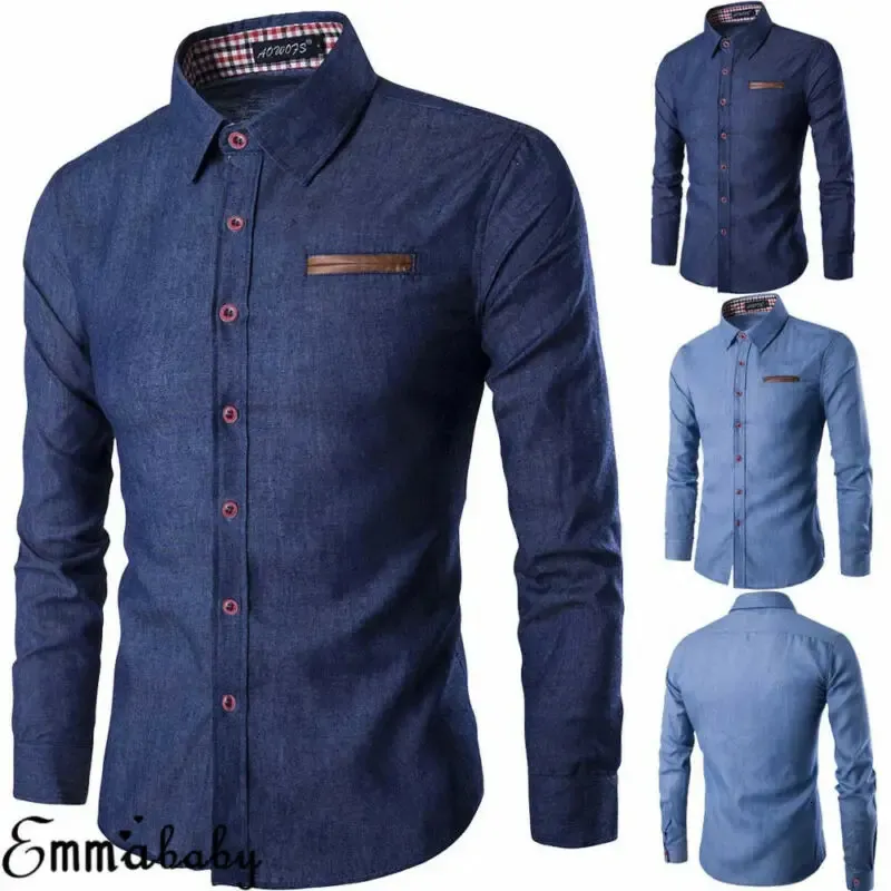 Mens Fashion Denim Dress Shirt Solid Color Long Sleeve Slim Fit Button Down Casual Top Manlig Luxury Formal Shirts 240125