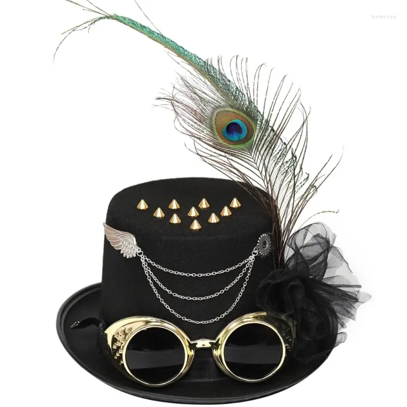 Berets Steampunk Homens Chapéu com Óculos Gay Top Feather Gótico Não-Slip Carnaval Boate