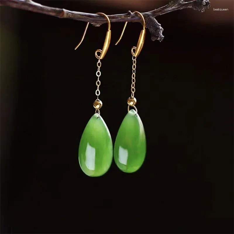 Stud Earrings Elegant Jade Water Drop Women Hanging Ear Accessories Temperament Lady 925 Sterling Silver Hooks Jewelry