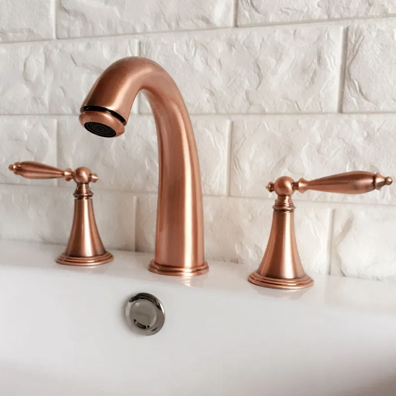 Bathroom Sink Faucets Antique Red Copper Widespread Dual Handle Washing Basin Mixer Taps Deck Mounted 3 Holes Lavatory Faucet Arg036