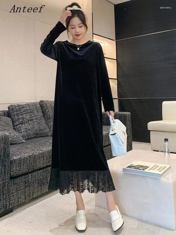 Casual klänningar långärmad överdimensionerad svart sammet spets vintage för kvinnor lösa vårens höstklänning eleganta kläder 2024