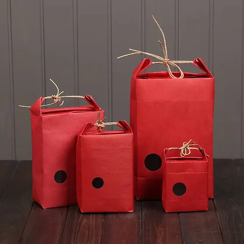 Red Kraft paper rice packaging bag Tea packaging cardboard paper bag/weddings kraft paper bag Food Storage Standing Packing Bag LX0832