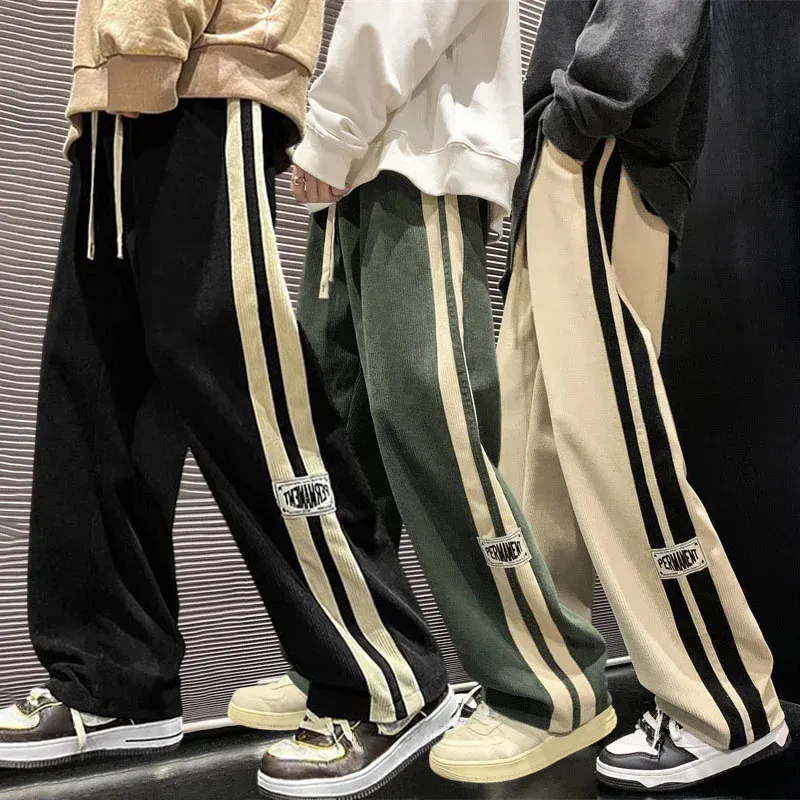 Pantalon Baggy en velours côtelé à rayures latérales pour hommes, Streetwear, mode coréenne, décontracté, Hip Hop, Vintage, Cargo, pantalon ample, jogging, 240123