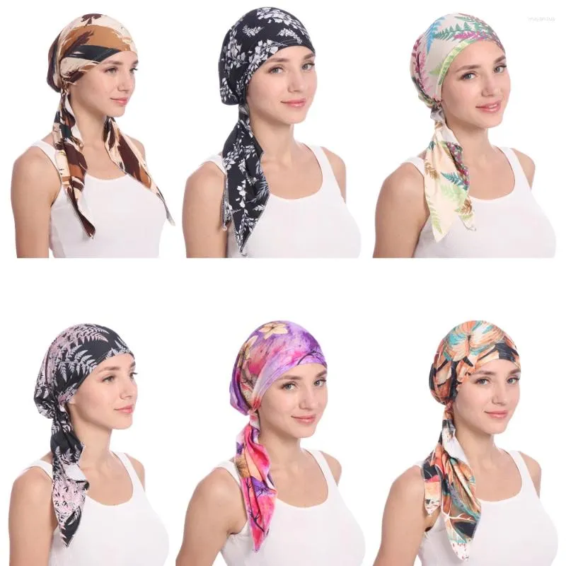 Roupas étnicas Mulheres Imprimir Chemo Cap Pré-amarrado Chapéu Long Tail Bonnet Muçulmano Hijab Stretch Headscarf Bandanas Headband Hair Loss Scarf Wrap