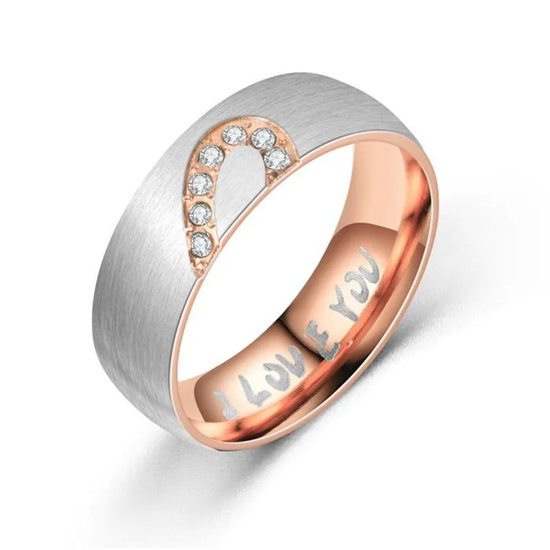Anéis de banda de aço inoxidável eu te amo anel diamante meio coração casal noivado casamento mulheres homens moda jóias will e sandy dr dhnxe
