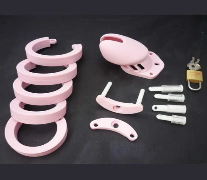 Happygo, maschio rosa dispositivo in silicone gabbie per cazzi verginità da uomo blocco 5 anelli per pene giocattoli adulti del sesso 603-PNK Y2011184140373