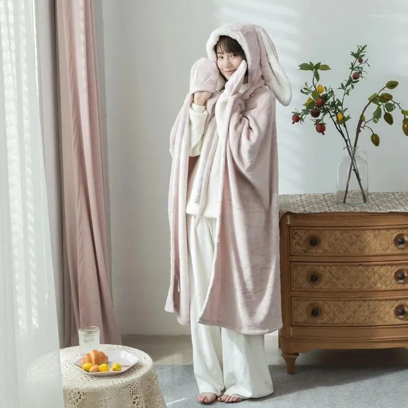 Blankets Cape Blanket With Bunny Ears Lamb Wool Air Conditioning Home Lazy Hooded Fleece Wearable Throw