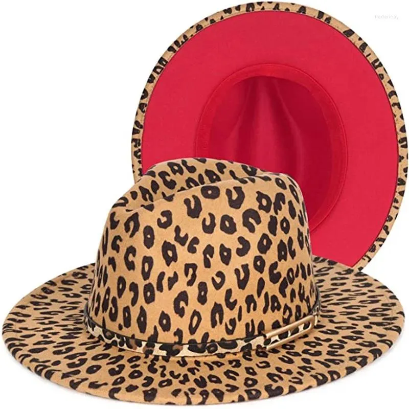 Berets Two Tone Fedora Hat Mens Womens Wide Brim Felt Leopard Belt Fivela Panama Jazz Dress