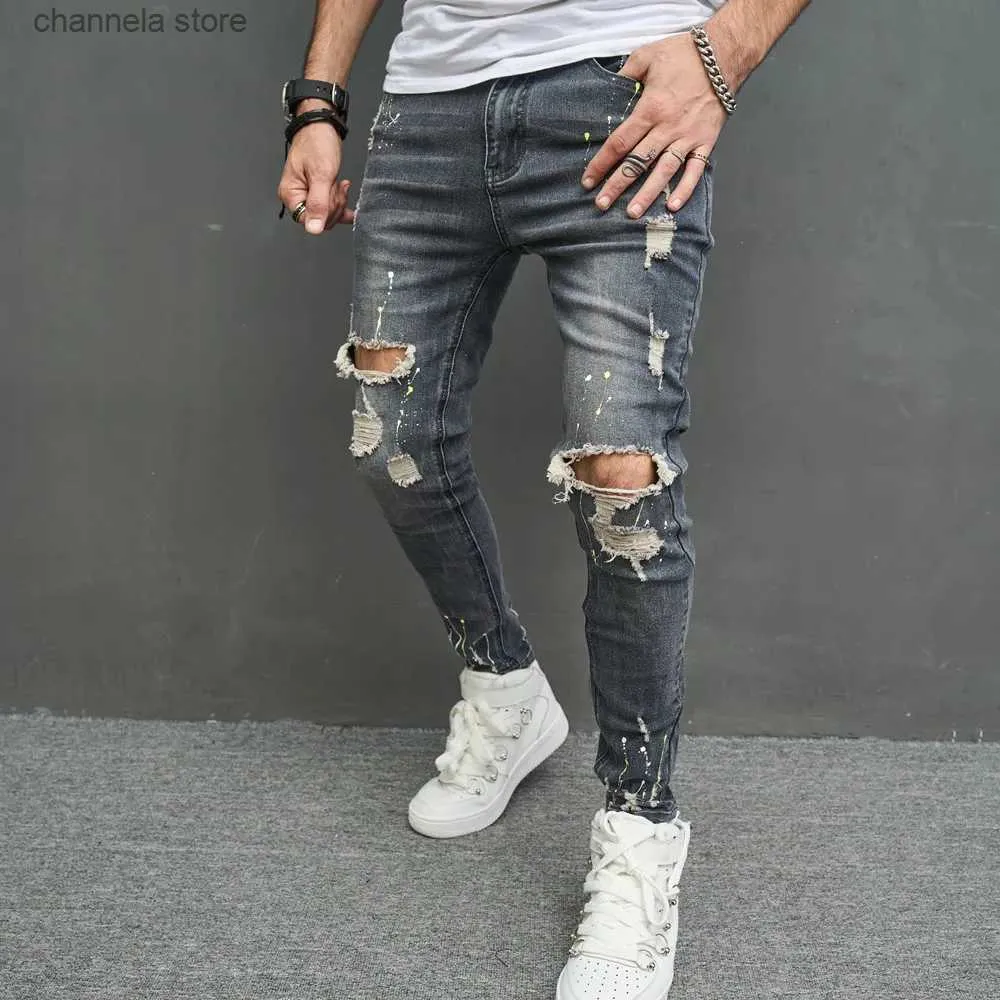 Calças de brim masculinas novos homens elegantes rasgados magros lápis calças de brim streetwear masculino hip hop buracos estiramento magro denim calças t240205