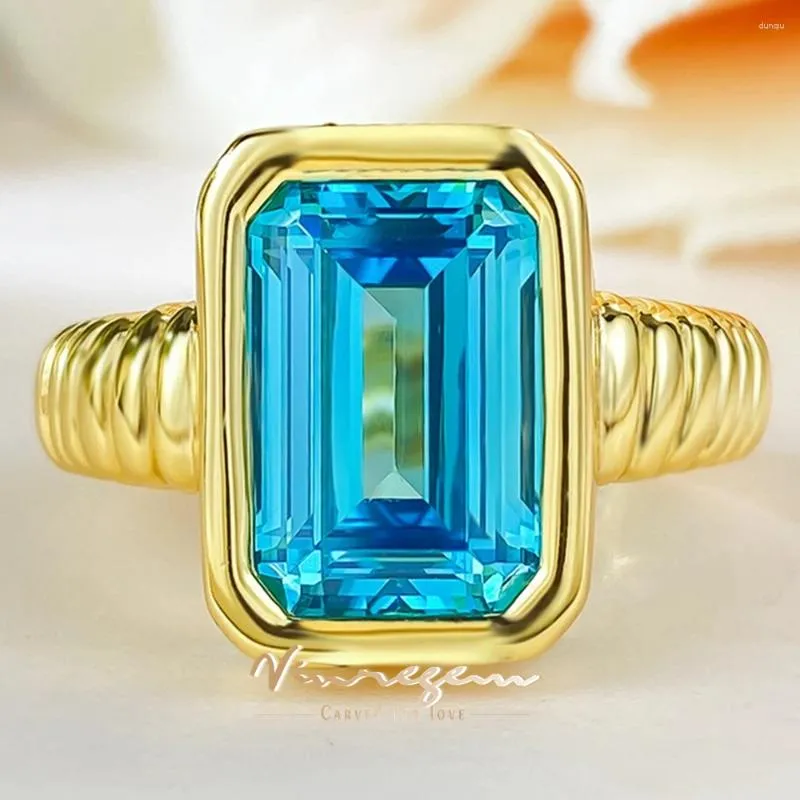 Cluster Rings Vinregem 8 11 MM Emerald Cut Aquamarine Gemstone Vintage 18K Gold Plated 925 Sterling Silver Jewelry Wedding Engagement