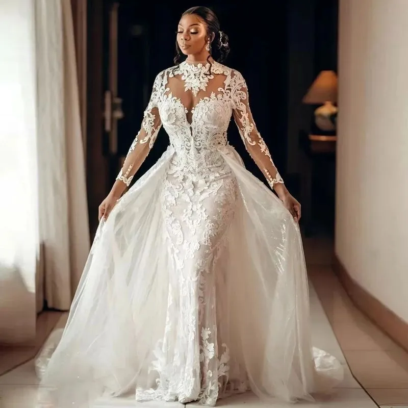 2024 Luxurious High Neck Mermaid Wedding Dresses Bridal Gowns Illusion Overskirts Detachable Train Long Sleeves Plus Size African Nigerian Fishtail Robe De Mariee