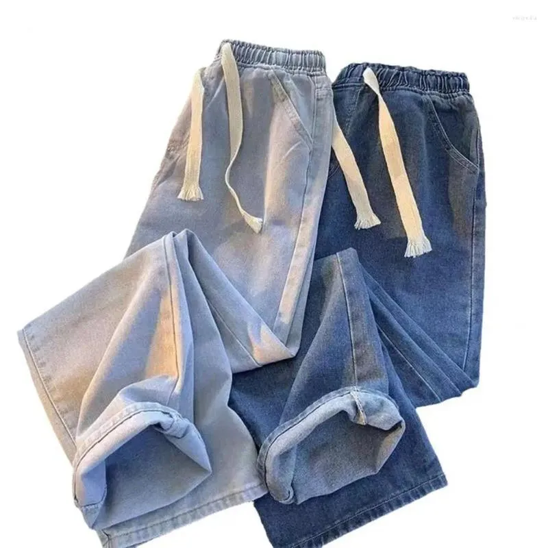 Jeans pour hommes Hommes Taille élastique Pantalon en denim à jambe large pour pantalon à cordon avec poches A