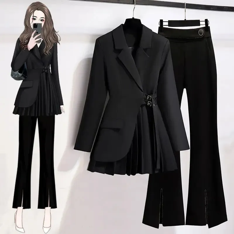 Womens Casual Blazer Jacket Matching Set Korean Elegant Spring Autumn Chic Suit CoatSplit Black Pants Twopiece Female Clothes 240127