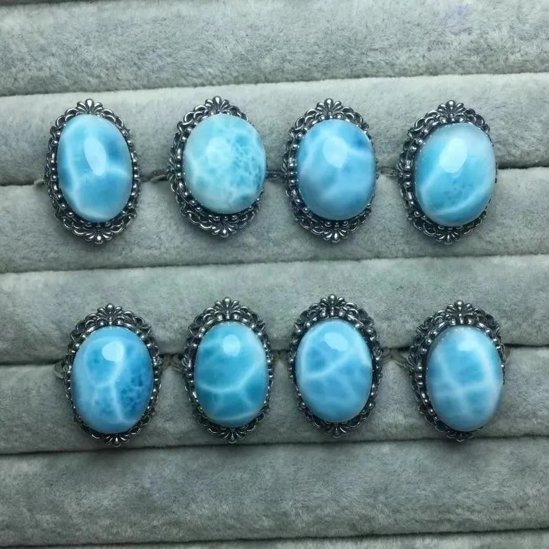 Bagues de cluster 1 pc Fengbaowu Pierre naturelle Larimar Ovale Cabochon Bague 925 Sterling Silver Mode Bijoux Cadeau pour les femmes