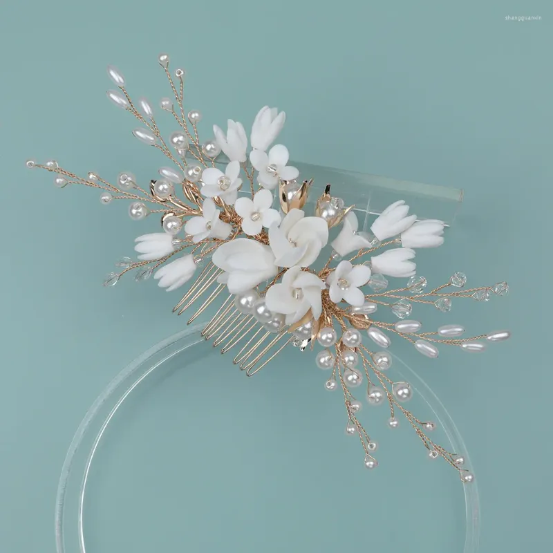 Hårklipp bröllopstillbehör Porslin Flower Comb Pin Clip for Brides Women Party Gift Pearl Head Pieces Hairpins Bridal Jewelry