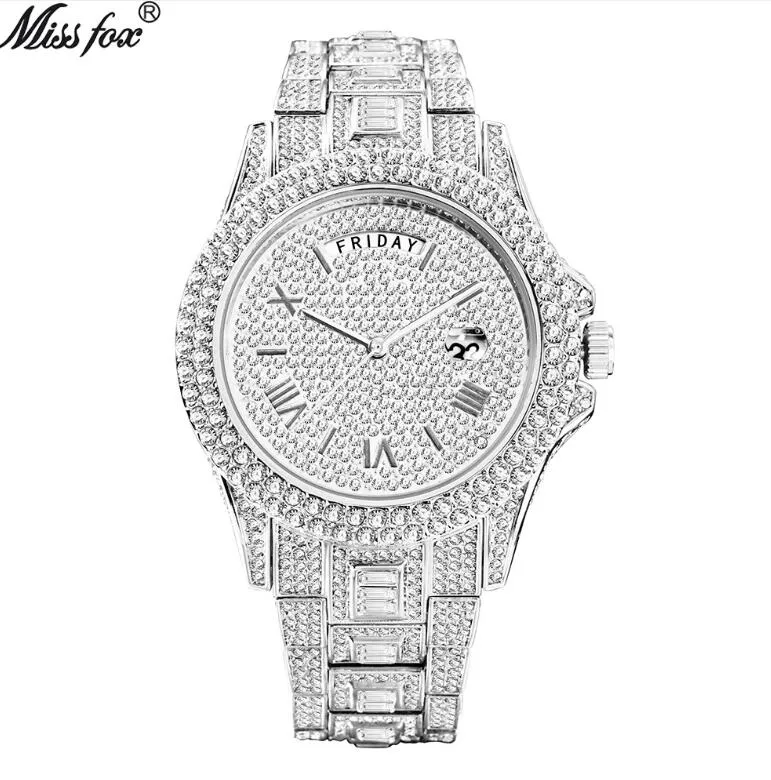 2024 Fabrik Nyaste kvalitetsurkläder Relogio Masculino Luxury Missfox Ice Out Diamond Watch Multifunktion Dag Datum Justera kalenderkvartsur för män