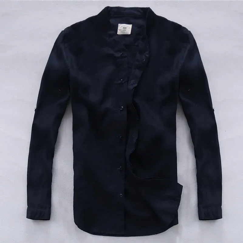 Italie Brand Suhaiwes NavyBlue Men Shirt Linen 100% lin de lin Double couche Plaquet décontracté Camisa Masculina Homme 240125