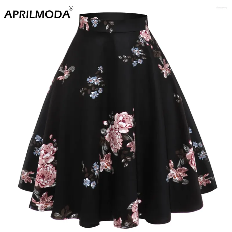 Skirts A Line Midi Floral Retro Skirt High Waist Cotton Vintage Women School Flower Print Elegant Pleated 50S Swing Skater