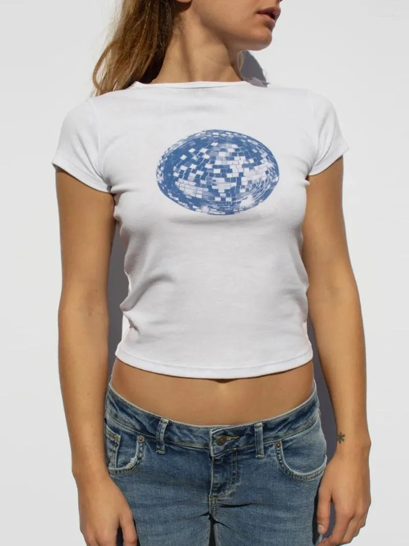 女性用Tシャツ女性半袖Tシャツディスコボールプリントラウンドネックサマーカジュアルスリムフィットトップスストリートウェアスキンフレンドリー