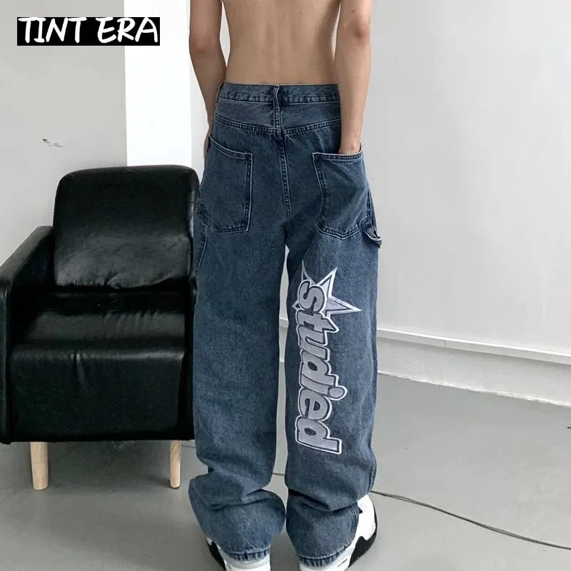 TINT EAR Hiphop Brief Stickerei Y2K Denim Jeans Lose Gerade Hosen Breite Bein Hosen Für Männer Paare Streetwear Cargo Koreanische 240118