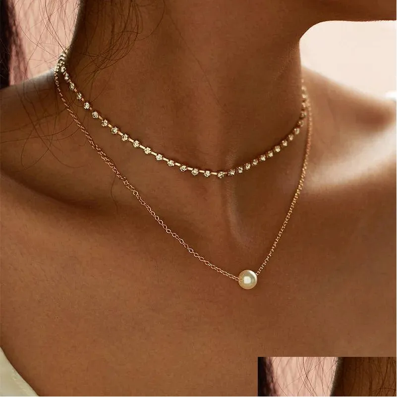 Pendant Necklaces Trend Fashion Pearl Choker 14K Yellow Gold Cute Double Layer Chain For Women Jewelry Girl Gift Wholesale Drop Deli Dhefk