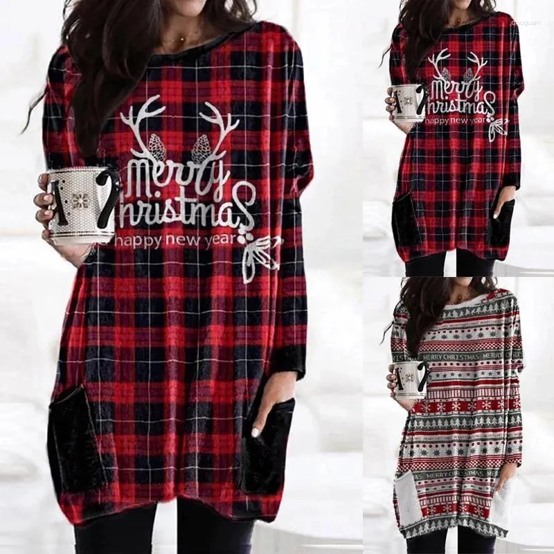 Casual Dresses Autumn Pullover Christmas Elk Dress Woman Streetwear Print Plaid Långärmad mantel Elegant Mid Pocket Top Fashion