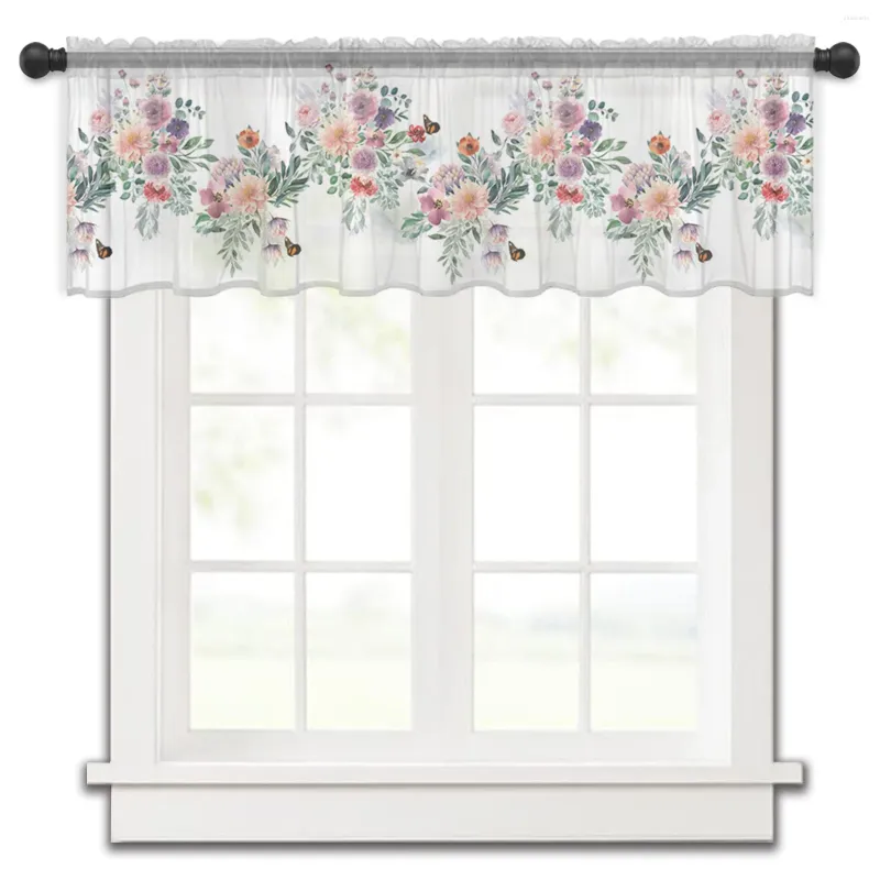 Cortina acuarela hojas plantas flores mariposas cortinas de cocina tul transparente corto sala de estar decoración del hogar cortinas de gasa