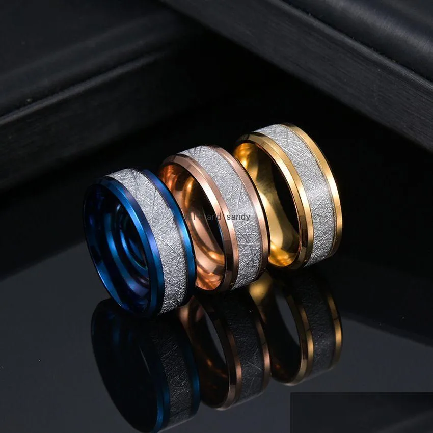 Bandringe Eis Seide Folie Gold Silber Blau Schwarz Farbe Edelstahl Ring Finger für Männer Frauen Hip Hop Schmuck Mode Will und Drop D Dhuix