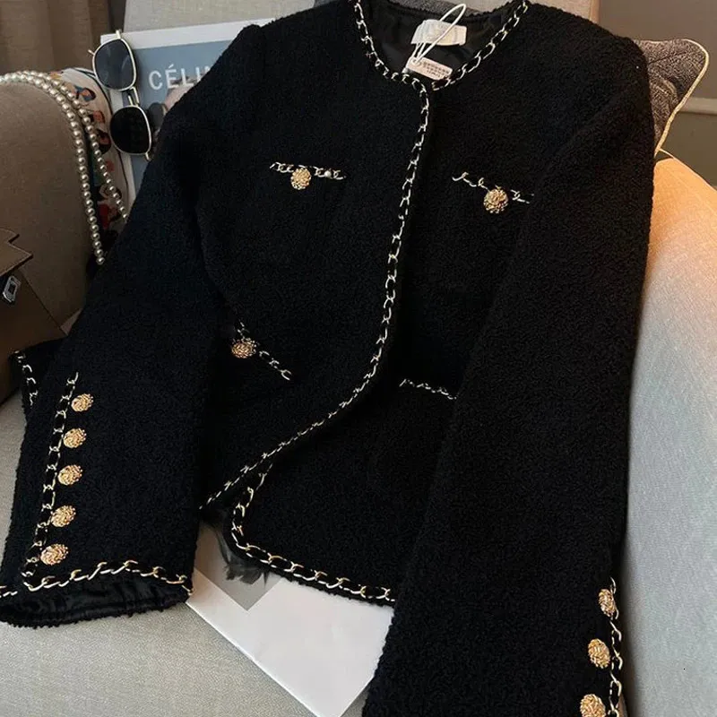 Herbst Schwarz Vintage Design Rundhals Fleece Jacke Frauen Elegante Luxus Chaquetas Mujer Langarm Taste Kurz Mantel 240118