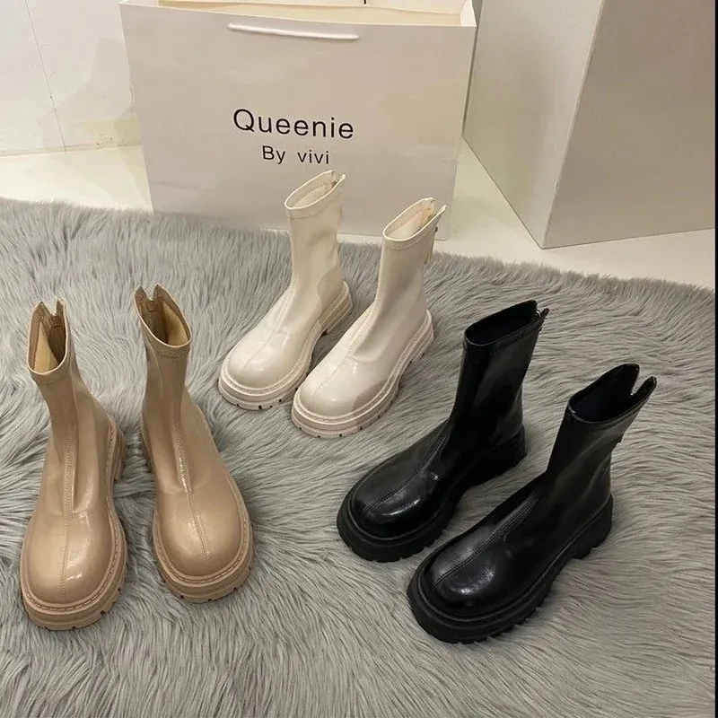 Buty na platformie okrągłe palce zamek błyskawiczny wiosenny jesienna moda kostka botynki de Mujer Chelsea Bottines 240202