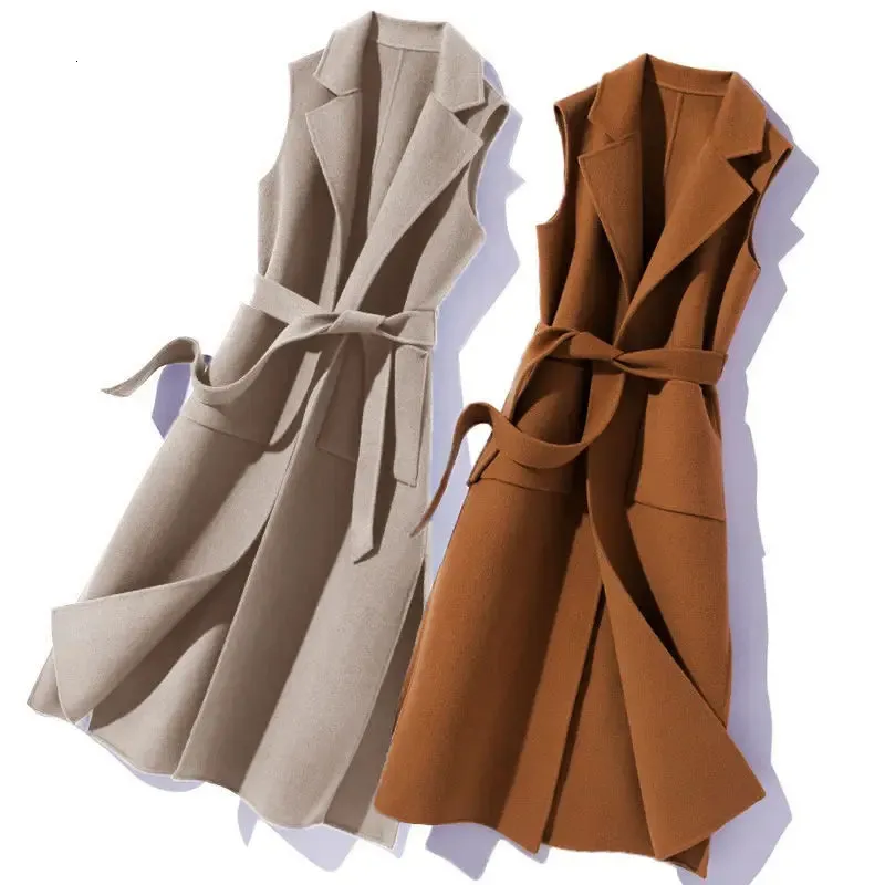 Autunno Tasca femminile dalla S alla XXXL Cappotti lunghi Gilet bifacciale fatto a mano Cardigan di lana moda con cintura 240131