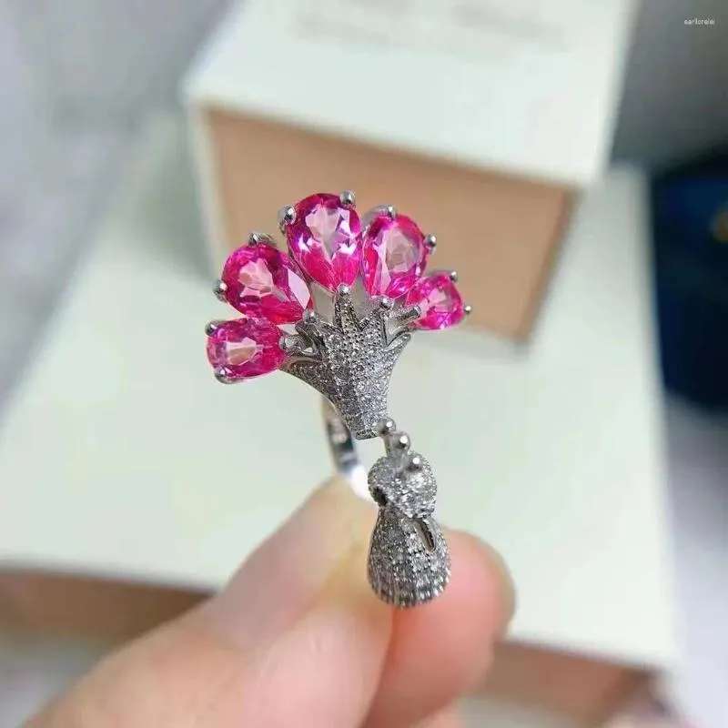 Cluster Ringen FS Natuurlijke Roze Topaas/Granaat Pauw Open Ring S925 Sterling Zilver Mode Fijne Charme Voor Vrouwen Bruiloften sieraden MeiBaPJ