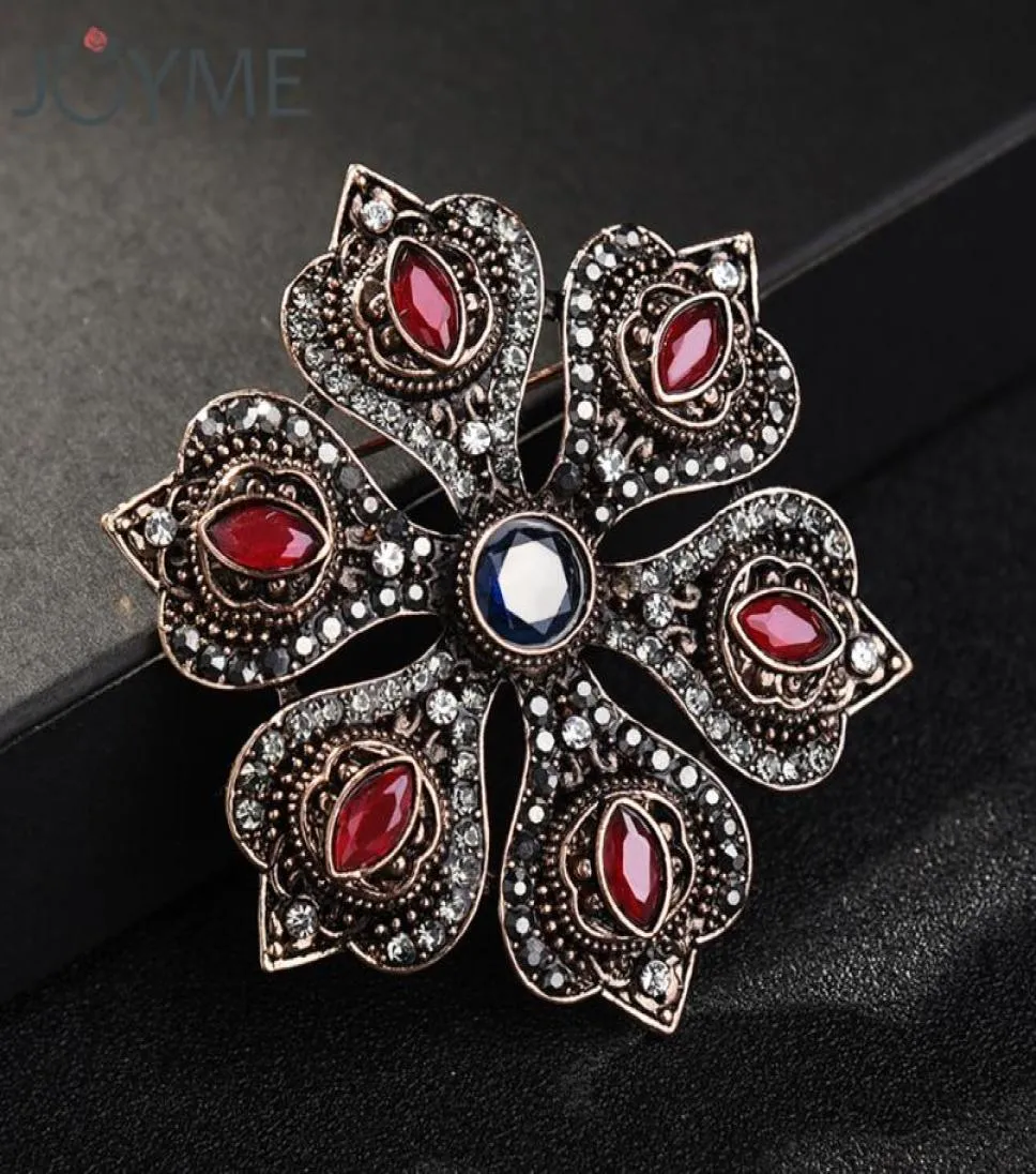 Luxury Vintage Brooch Women Flower Red Resin Crystal Broches Brooch Ladies Lapel Hijab Corsage Pin Turkish Ethnic Jewelry9680986