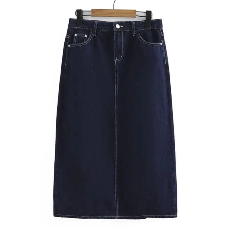 Plus Size Skirt Women Spring Fashion Deep Blue High Waist A-Line Retro Back Split Denim Mid-Length Bottoms Curve Clothes 240130