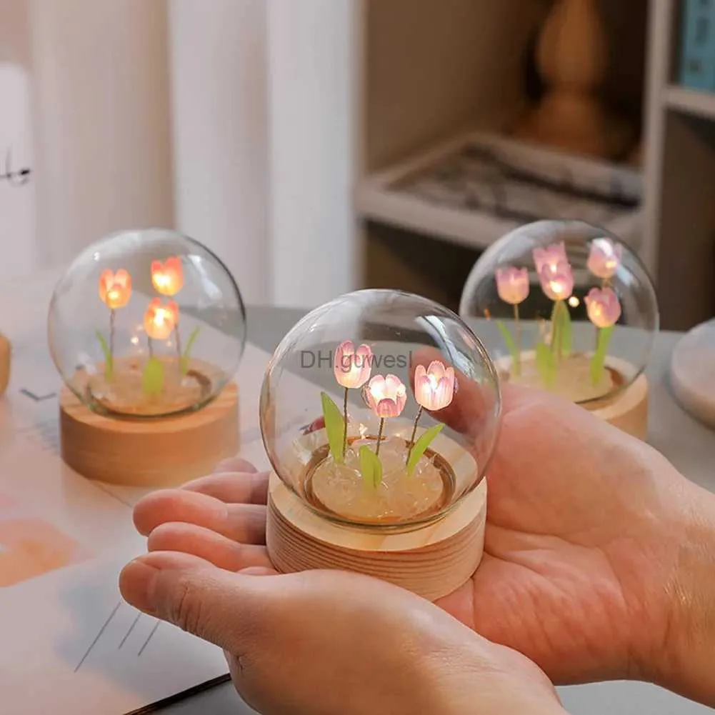 Night Lights Tulip Flower Night Light With Glass Cover Handmade DIY Bedside Light LED Night Lamp Desk Lamp Decor USB Mood Light YQ240207