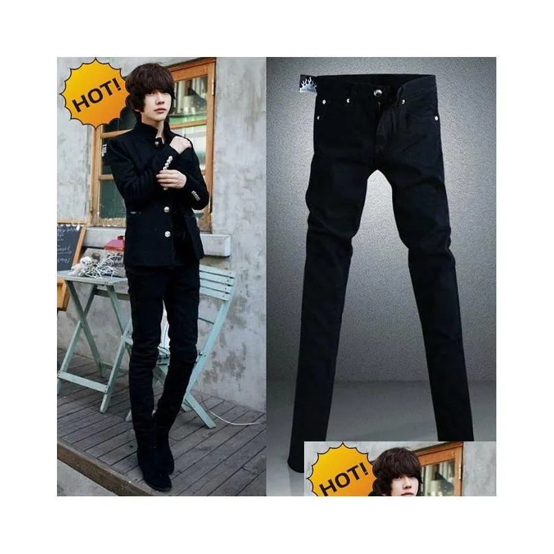 Мужские джинсы черные микроэластичные узкие мужские повседневные брюки-карандаш для подростков, хлопковые тонкие брюки для мальчиков, красивые брюки в стиле хип-хоп 28-34, Drop Delive Dhvhn