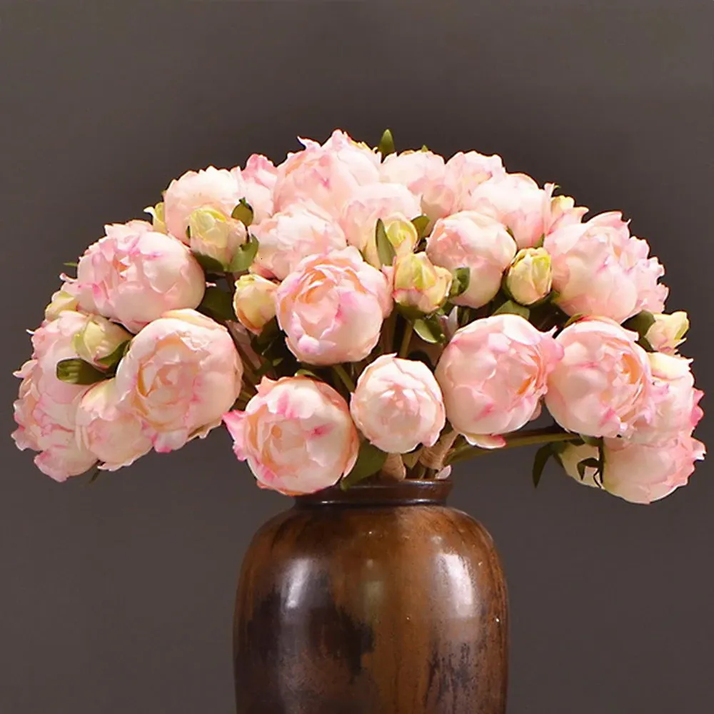 40cm 6PCS Artificial Peony Rose Flowers 9 Heads Camellia Tea Silk Fake Flower Faux Plants For DIY Home Garden Wedding Decoration