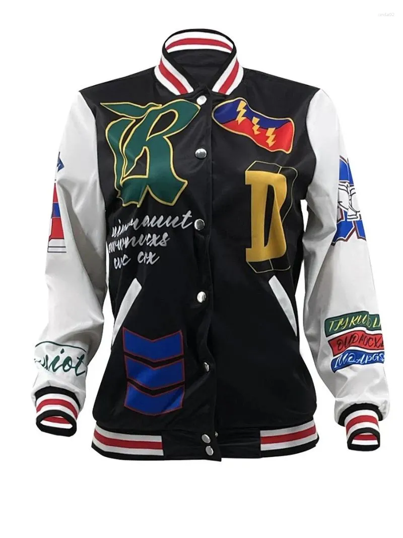 Damenjacken Varsity Jacke Frauen Brief Dekor Patchwork Langarm Rennmantel Winterkleidung Vintage Bomber