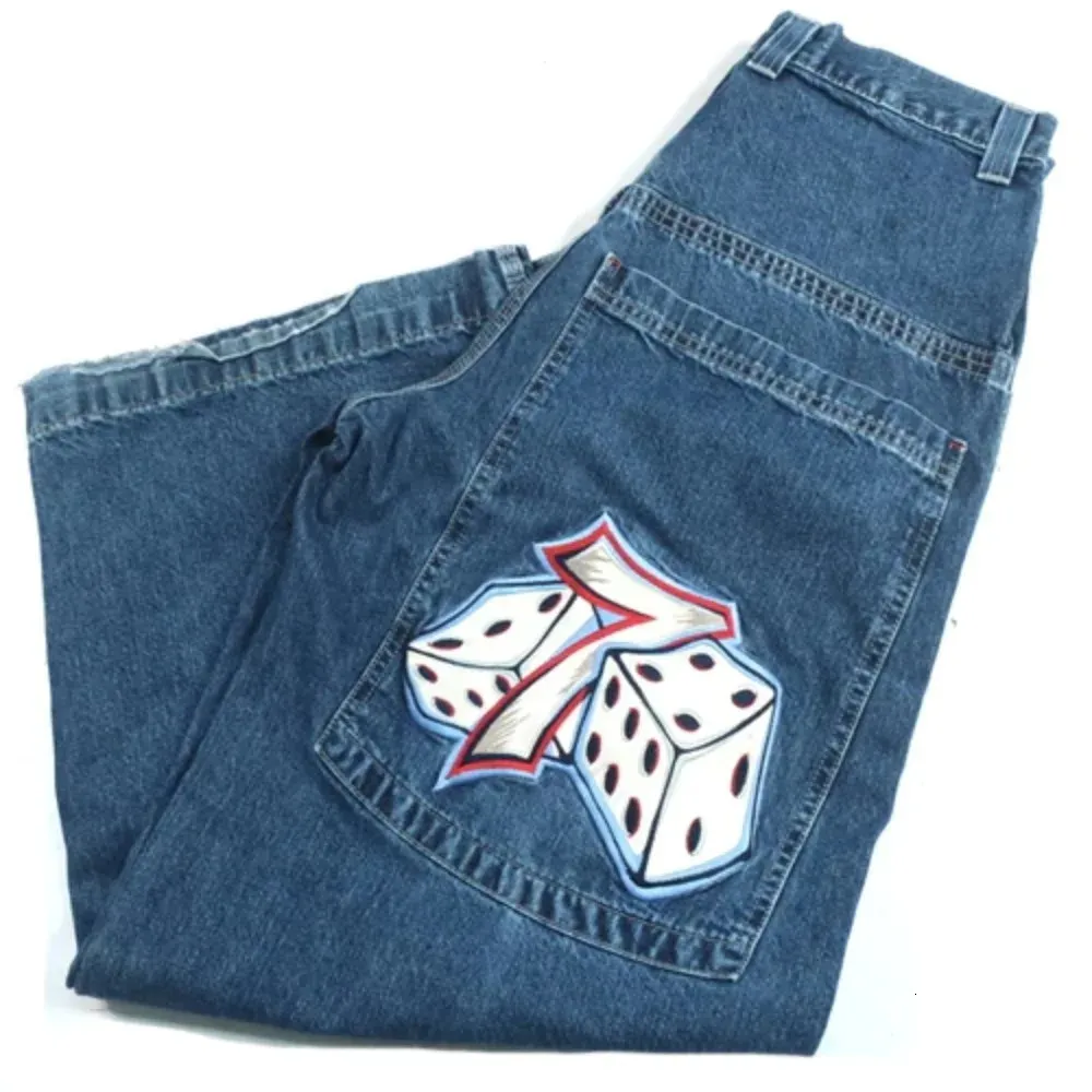 JNCO Jeans Y2K Mens Hip Hop Dice Gráfico Bordado Baggy Jeans Retro Azul Calças Harajuku Gótico Cintura Alta Calças Largas 240123