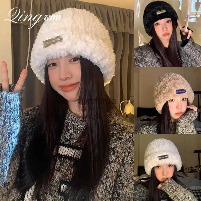 Bonnet/Casquettes de crâne Bonnet en peluche et mignon pour femmes et filles Skullies Kpop Hiver Tricoté Chaud Pull Melon Chapeau Bonnets gorro YQ240207