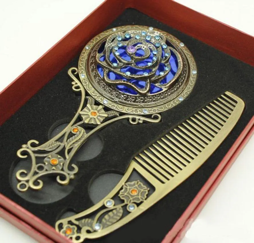 Collectable Decorative Makeup Mirror and Comb Rhinestone Flower Engrave Bronze Handle Mirror Art Craft Portable Women Make Up Mirr1383393