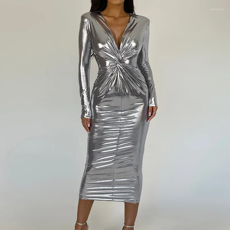 Robes décontractées Y2K Métallique Dorure Twist Moulante Midi Robe De Soirée Femmes Sexy Col En V Profond À Manches Longues Slim Clubwear Robe D'anniversaire Tenue