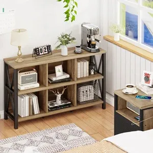 FATORRI Rustic 6 Cube Storage Organizer with Shelf, Wood Bookcase, Industrial Horizontal Bookshelf