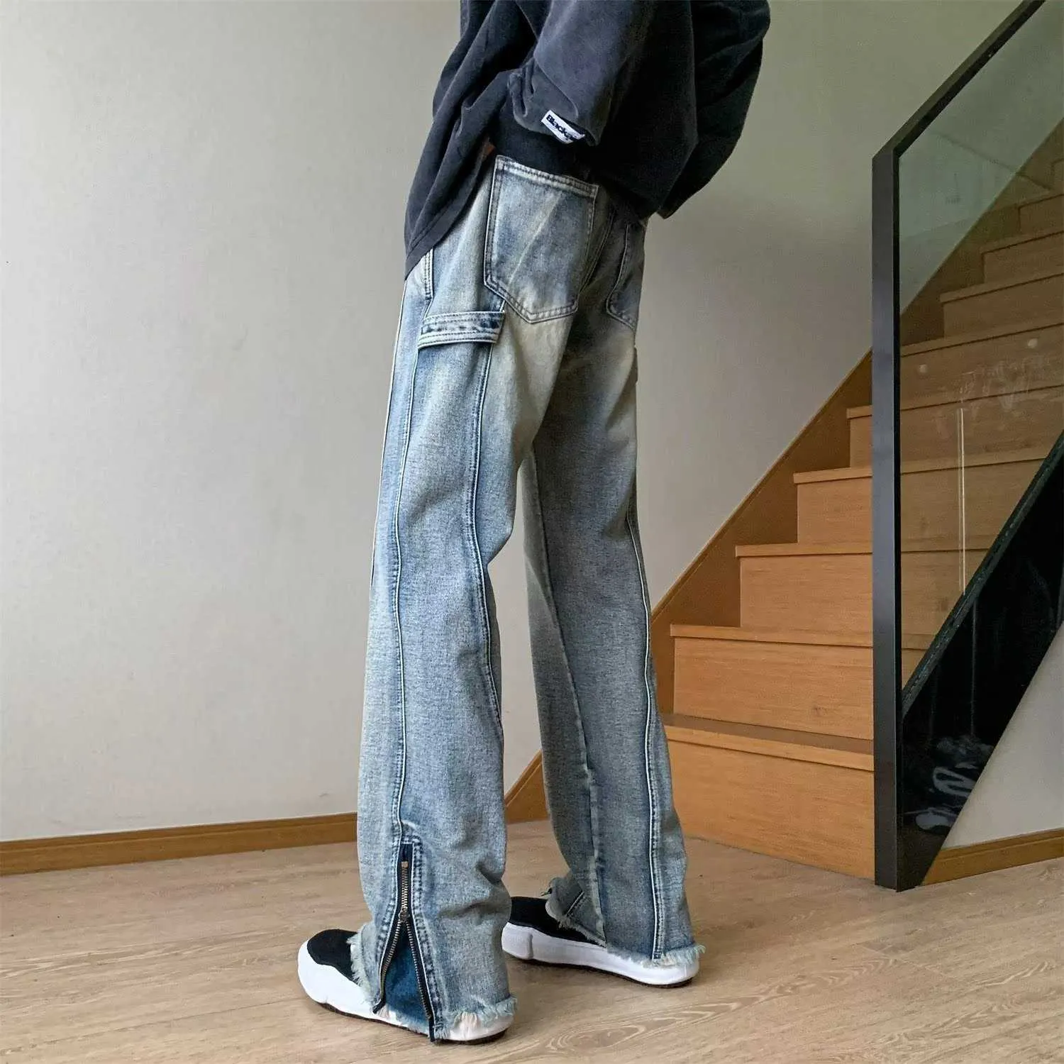 Jeans da uomo Pantaloni American High Street Vibe Pantaloni larghi con cerniera dritta divisa con bordo sfilacciato Micro