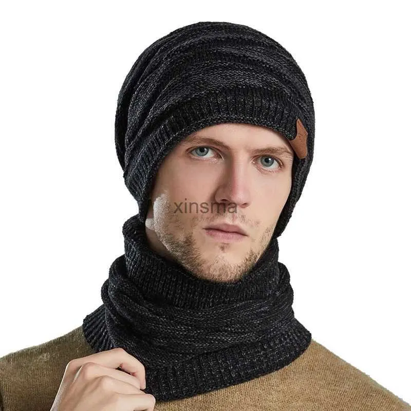 Beanie/Skull Caps Warm Winter Scarf Beanies Set For Women Men Plus Fleece Sticked Hats Windproof Neck Warmer Snow Ski Caps Outdoor Beanies YQ240207