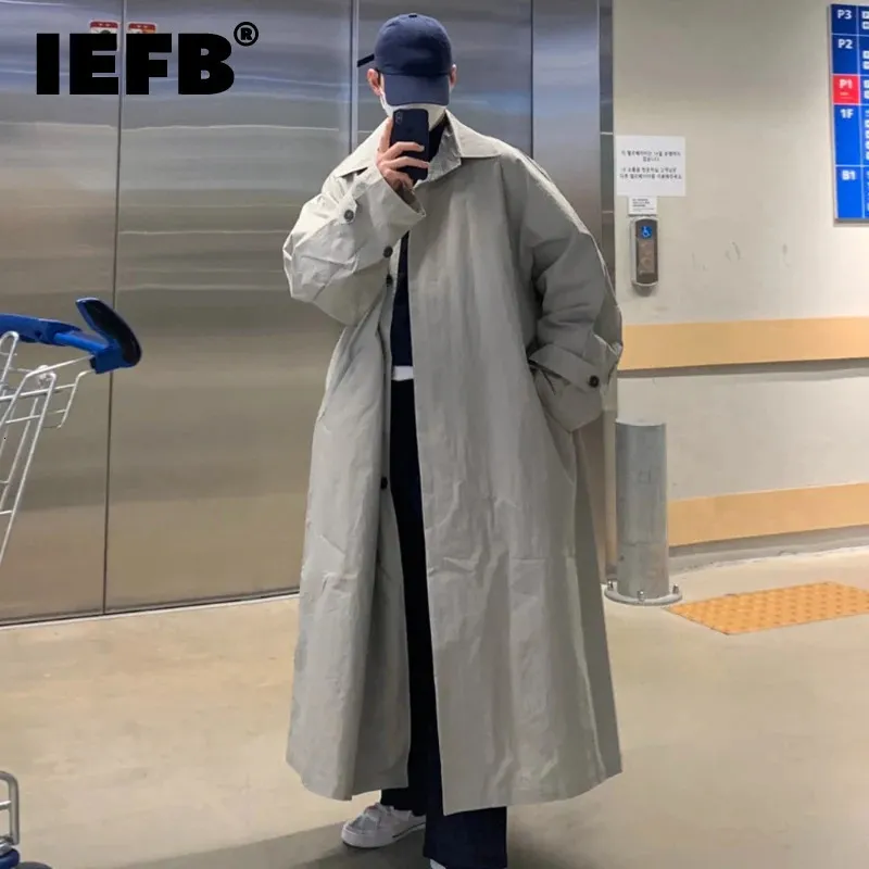 IEFB Korean Style Long Coat Trend Men's Vintage Loose Oversize Casual Windbreakers Autumn Knee High Trench 9C2304 240122