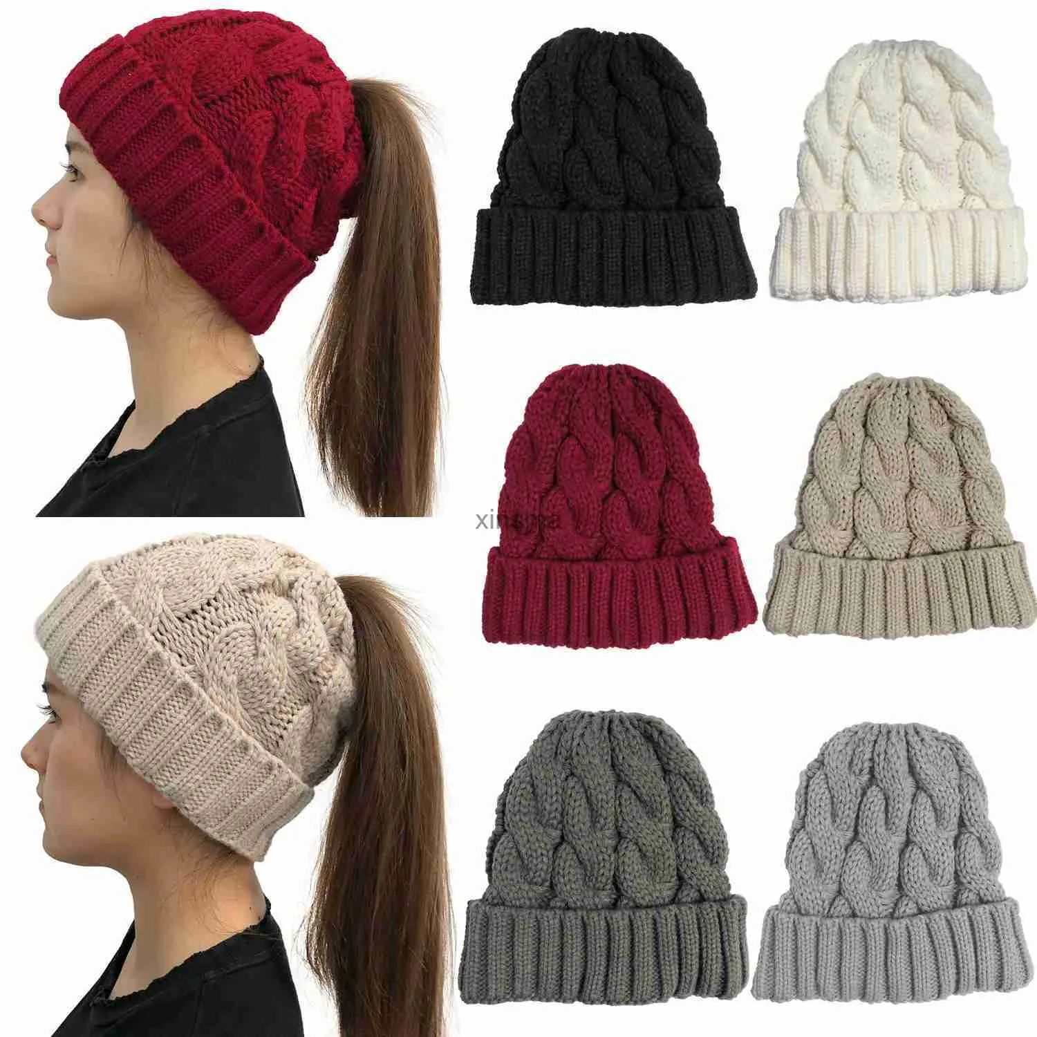 Bonnet/Crâne Casquettes Femmes Chapeaux D'hiver Bonnets Tricotés Filles Cap Twist Crochet Chapeaux D'hiver Pour Femme Pompon Bonnet Oreille Tresse Queue De Cheval Chapeau Skullies YQ240207